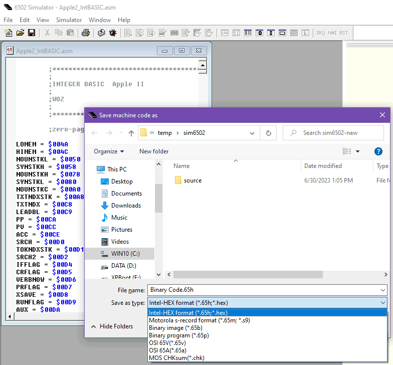 Sim6502 binary I/O